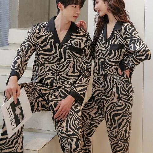 FZSLCYIYI Summer Fashion Zebra Pattern Satin Lovers Pajamas Set Couple Long Sleeve Suit Casual Two-Piece Elastic Homewear