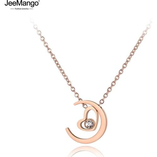 JeeMango Trendy Lovely Titanium Stainless Steel Heart & Moon Necklaces Jewelry CZ Pendant Chain Necklace For Women Girls JN19067