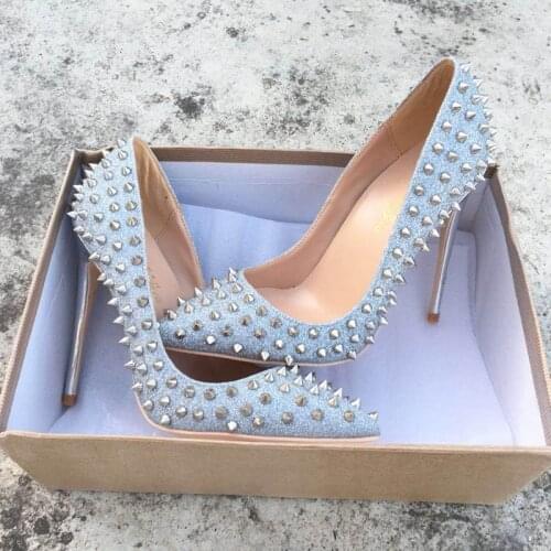 2020 NEW PU leather high heeled lady pumps Rivet pointed toe woman party shoes slip-on sliver color wedding shoes party shoes