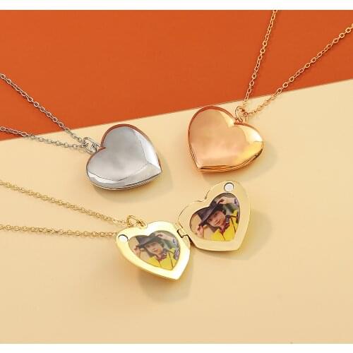 Chic Rose Gold Silver Personalized Picture Open Heart Locket Shape Necklace Custom Photo Text Pendant Jewelry Gift For Women Men
