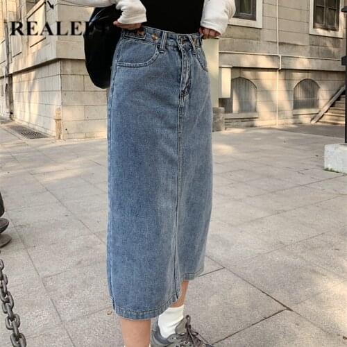 REALEFT Long Denim Skirt Fashion Slim High Waist Back Split Casual Loose Spring Buttons Decoration A-Line Skirts 2021 New Summer