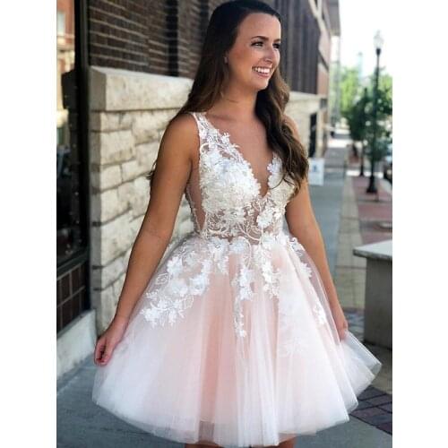 Pink Homecoming Dresses A-line V-neck Short Mini Tulle Appliques Pearls Elegant Cocktail Dresses