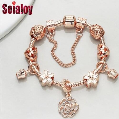 Seialoy Rose Gold Flower Crown Charm Bracelet Hot DIY Fine Heart Charm Snake Chain Bracelets For Women Girls Mothers Day Gift