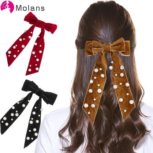 Molans Solid Velvet Bow Hairpins for Women Large Velvet Pearl Embellished Hair Bow Barrettes 21cm Clips Girl Hair Accessories