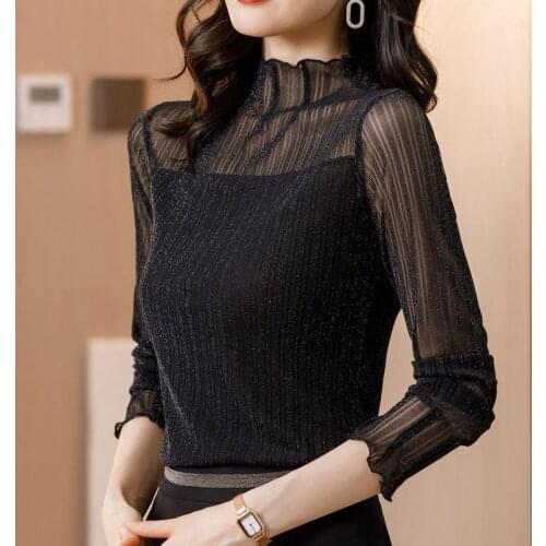 Women 2021 Autumn Winter Fashion Mesh Top Female High Neck Long Sleeve Bottoming Shirt Casual Bright Silk Lady Shirt Blusa X217