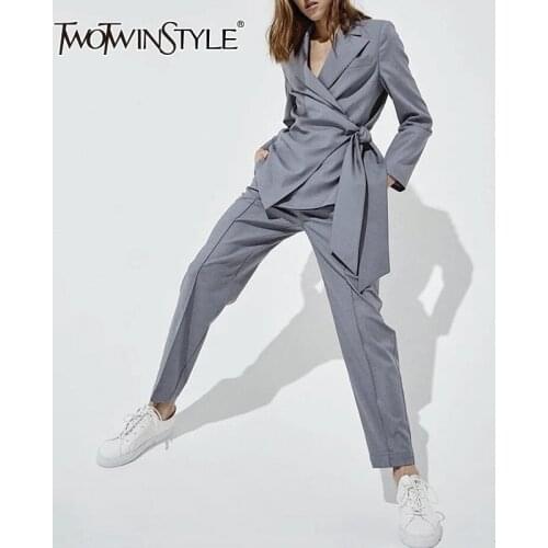 TWOTWINSTYLE Solid Color Casual Suits For Female Lace Up Bowknt Lapel Collar Long Sleeve Coat With High Waist Pant Womens Set
