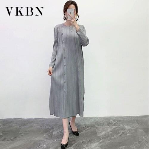 VKBN Dresses for Women Japanese Style Pleated Elasticity Fabric Button Full Sleeve 2021 New Spring Autumn Cheongsam Dress