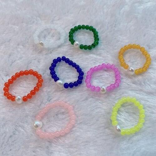 Fashion Vintage Candy Color Plastic Beads Ring For Women Elastic Rope Finger Rings Girl Party Jewelry Handmade