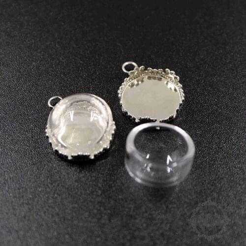 15mm crown bezel tray rhodium color brass round pendant charm with glass dome DIY supplies 1411202
