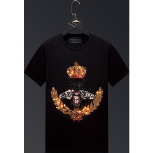 2021 Bee Crown Rhinestones T Shirts Men and Women Top Streetwear O Neck Slim Short Sleeve Tshirts Camisetas Hombre
