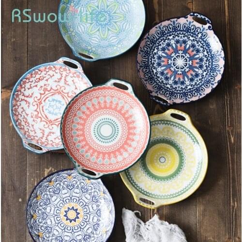 Binaural Ceramic Dish Creative Main Dish Home Deep Dish Hand-painted Retro Underglaze China Plates For Dishes and Plates Sets