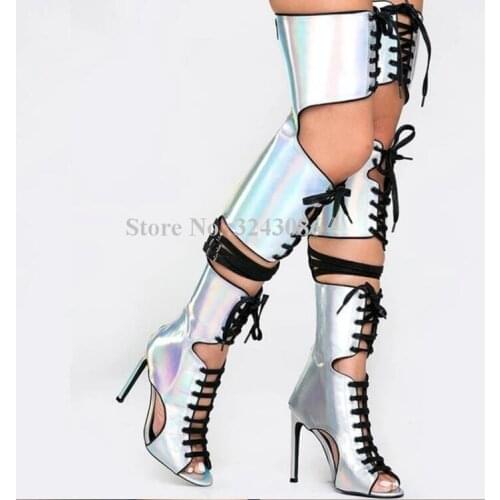 Hollow Out Flash Silver Over the Knee Sandals Boots Lady Sexy Peep Toe Lace-up Thigh High Sandals Boots Fashion Woman Long Boots