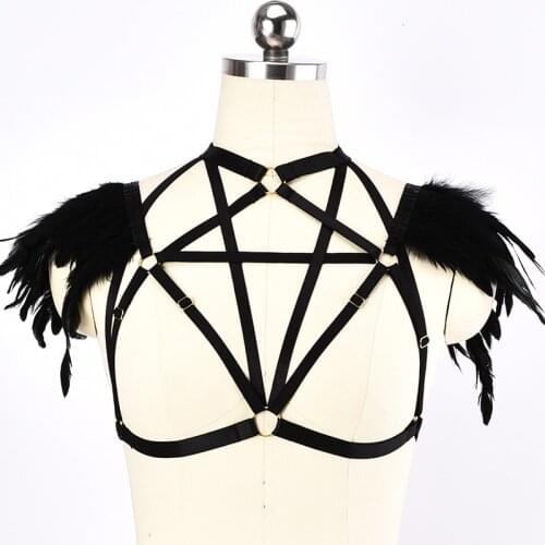 Bondage Harness Gothic Feather Sexy lingerie pastel clothing Fetish Elastic Cage Bra Body Harness Lingerie Goth Sword belt
