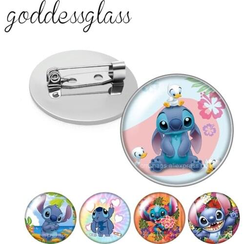 Disney Cute Stitch Angel Cartoon Round Glass cabochon Silver color Brooch Dome Photo Jewelry Brooches Pin For Gift