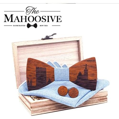 Mahoosive France Marseille Skyline Wooden Bow ties Bowtie Butterfly Gravata Skyline Ties For Men Cufflinks Handkerchief Football