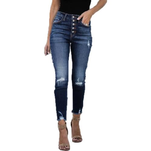 Vintage Ripped Jeans for Women Fashion Front Button High Waist Skinny Distressed Jeans Women Casual High Elasticity Denim Pants