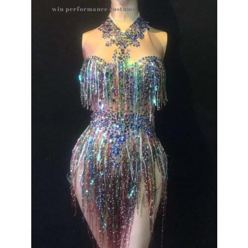 Colorful Fringes Rhinestones Bodysuit Gogo Dancer Costume Sleeveless Jumpsuit Nightclub Female Singer Show Bright Leotard Hula