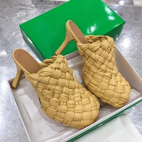 Women Slippers Fashion Handmade Weave Stiletto High Heels Women Pumps Round Toe Slip On Women Outfit Mules Party Dress Shoes 40