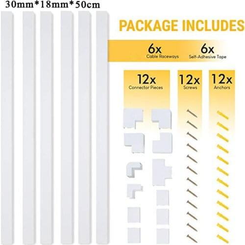 6PC White Black Cable Concealer On-Wall Cord Cover Raceway Kit Cable Management System to Hide Cables Cords or Wires Cord Organi