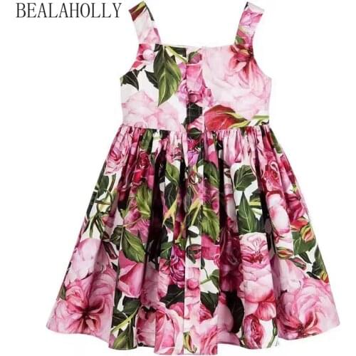 Bealaholly Girls Dress Summer New Cotton Rose Strap Children Princess Dress Sleeveless Girls Fashion Holiday Dresses