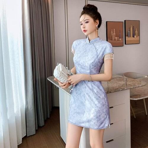 Chinese Style Vintage Short Sleevs Stand Neck Mini Party Club Dress Ladies Streetwear Floral Pearl Femal Beach Split Short Dress