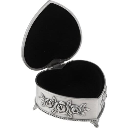 Vintage Flower Carved Metal Heart Jewelry Storage Box Trinket Earrings Case