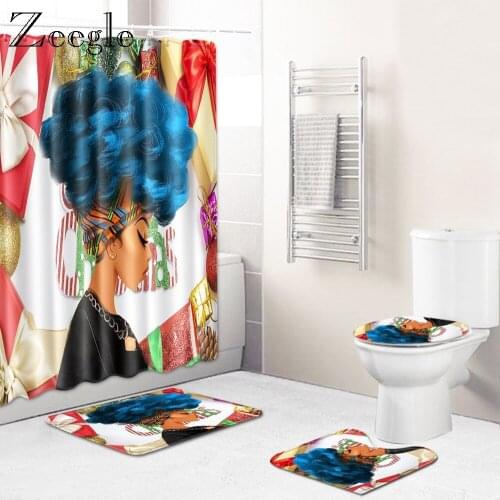Zeegle Creative Christmas Carpet Rectangle Carpet for Bath Room 4pcs Bathroom Set Toilet Shower Curtain Lid Toilet Cover Mat