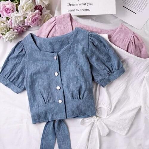 Vintage Short Solid Women Shirts Summer 2021 Square Collar Puff Sleeved Bow Slim Short Empired Female Outwear Tops