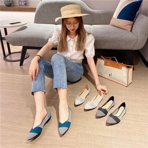 2021 Woman Knit Pointed Shoes Womens Flat Ballet Mixed Color Soft Pregnant Zapatos De Chaussure Femme Zapatillas Mujer Moccasin