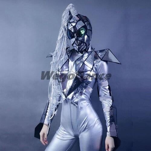 Future Soldier Technology Sense Silver Mirror Stage Jumpsuit Suit Women Gogo Dance Team Party Rave Costume Mask
