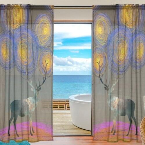 2 Pieces Creative Elk with Van Gagh Starry Night Design Tulle Transparent Window Treatments Curtains for Kitchen Sheer Curtain