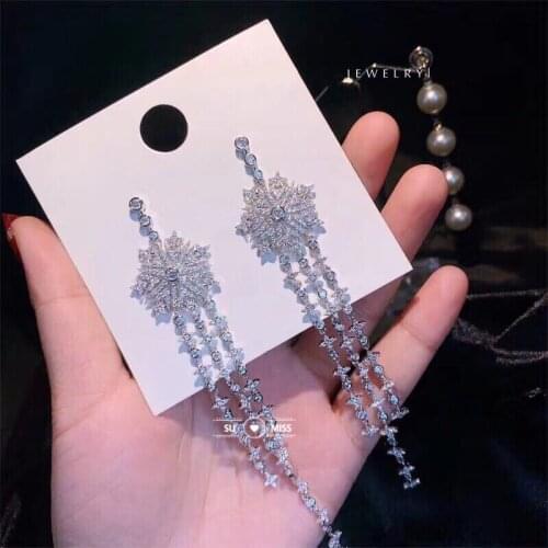 Free Shipping New Design CZ Stone Sterling Crystal Snowflake with Long Tassel Earrings For Women Christmas Gift Party
