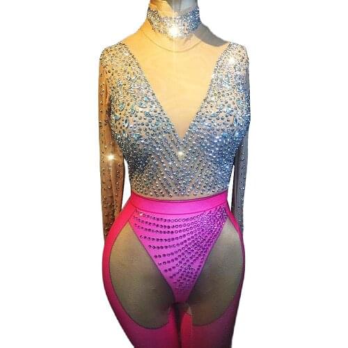 Shining Diamond Leotard Women Jumpsuit Pole Dance Stage Wear Long Sleeve Tight Stretch Bodysuit Party Birthday Celebrate Costume