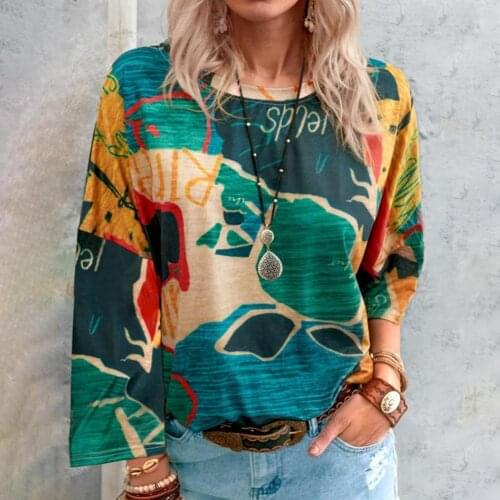 Map Print Long Sleeve T-Shirt Spring Autumn Sweet Girl Loose Contrast Blouse Women Casual Elegant O-Neck Pullover Top Streetwear