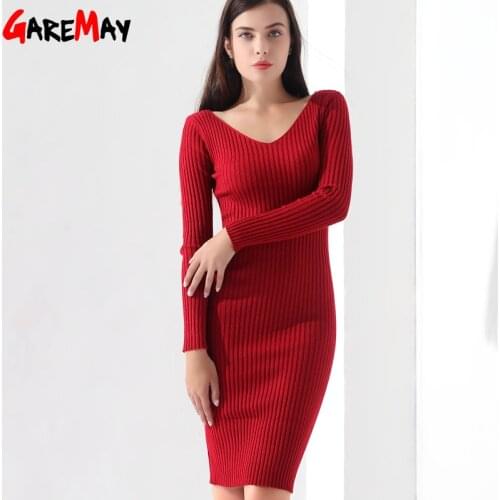 GareMay Autumn Winter Women Sweater Dress Knitted Ladies Long Sleeve Warm Dress Slim Pullover Clothing V-Neck Fashion Full Dress