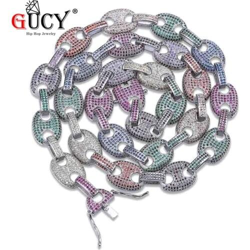 GUCY Hip-hop Mens Rainbow Necklace Gold/Silver Color Plated Micro Pave Multi CZ Stones 11mm Oval Link Chain Necklaces For Gift