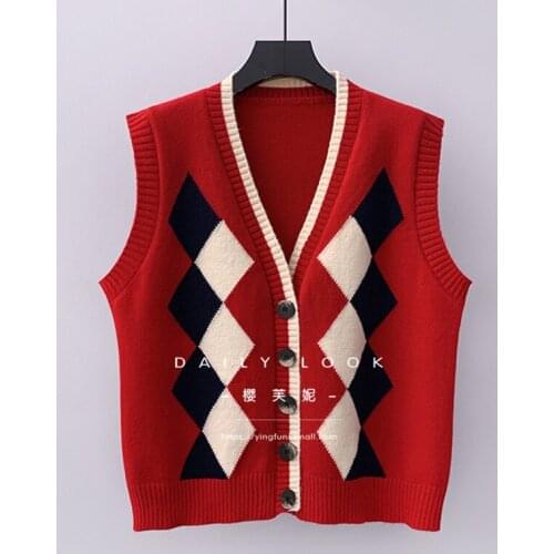 Argyle Pattern Sleeveless Cardigan For Women Single Breasted New Spring Korean Womens Sweater Vest Loose Knitted Crop Top s1086