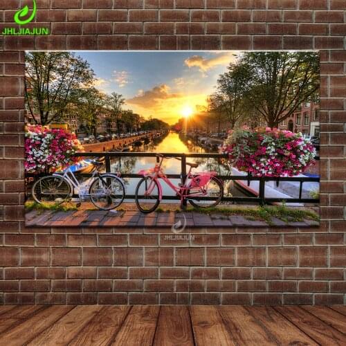 Painting Large Canvas Wall Art Beautiful Sunrise Flower Bike On The Bridge In Amsterdam Poster Art Wall Pictures For Living Room