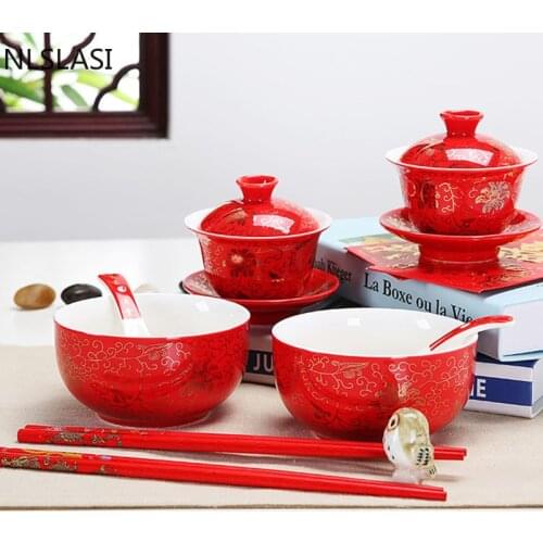 WSHYUFEI Chinese Red Wedding ceramic tea set Wedding gift tea bowl Household high-grade porcelain teapot Gift Set