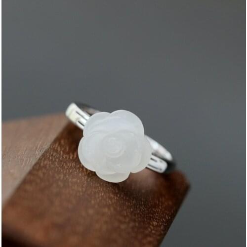 Authentic 925 Sterling Silver Rings Inlaid Natural White Jade Petal Fashion National Style Women Opening Adjustable Ring Gift