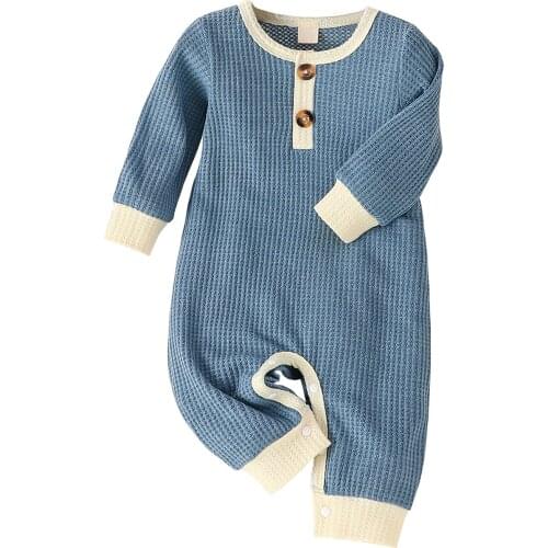 Clothes For Newborns Kids Baby Jumpsuit Splicing Color Round Neck Long Sleeves Knitted Waffle Rompers With Buttons Baby Clothes