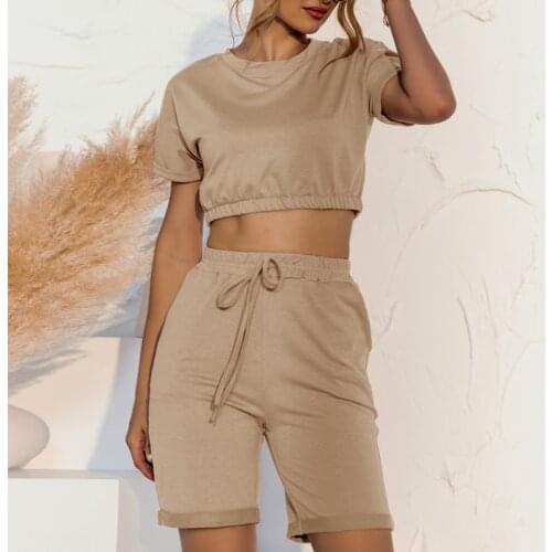 Kili O-Neck Short Sleeve Crop Top+Elastic Waist Shorts Women 2 Piece Set Solid Casual Slim Tracksuits