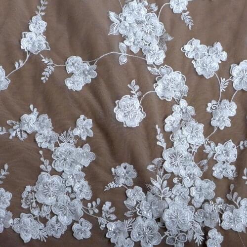 La Belleza 1 yard Off white sequins pearls 3D flowers on mesh wedding/bridal/evening dress lace fabric 51'' width