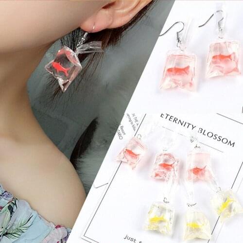 Fashion Creative Koi Fish Goldfish Water Bag Dangle Earrings Cute Handmade Funny Resin Animal Earrings Women Girl Party Jewelry