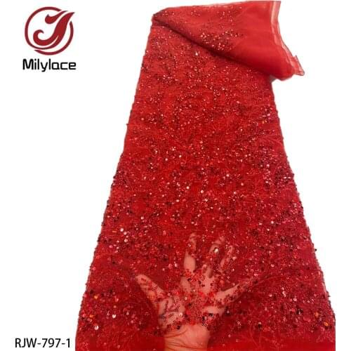 Fashion Luxury Beads Heavy Embroidery Lace Fabric with Sequin Party Dress Bridal Gown Dress Lace Fabric RJW-797
