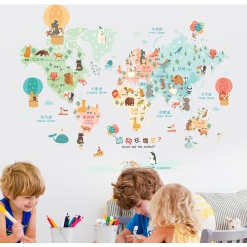 Cartoon Animal World Map Wall Stickers Childrens Room Decor Where Animals Come From Sticker Bedoom Wall Decoration Art Decals