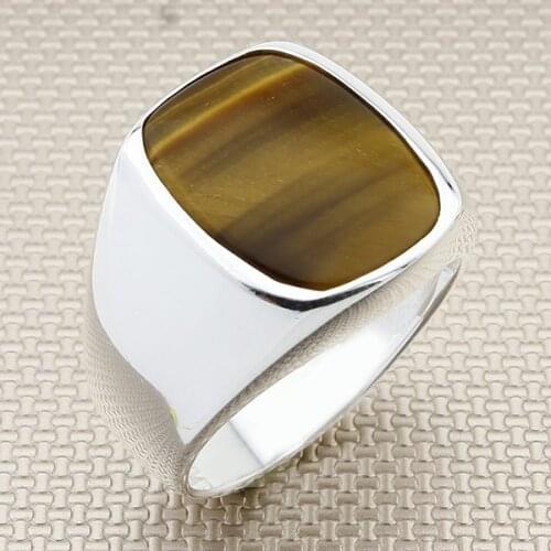 Plain Straight Rectangle Brown Tiger Eye Stone Silver Ring Men Silver Ring Made in Turkey Solid 925 Sterling Silver