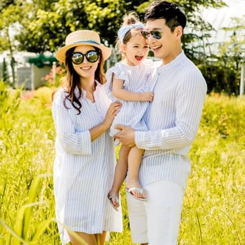 Family Matching Outfits Mother Daughter Dress Father Son Stripe Shirt Girls Sleeveless Dresses Boys Short Sleeve Shirt Clothes