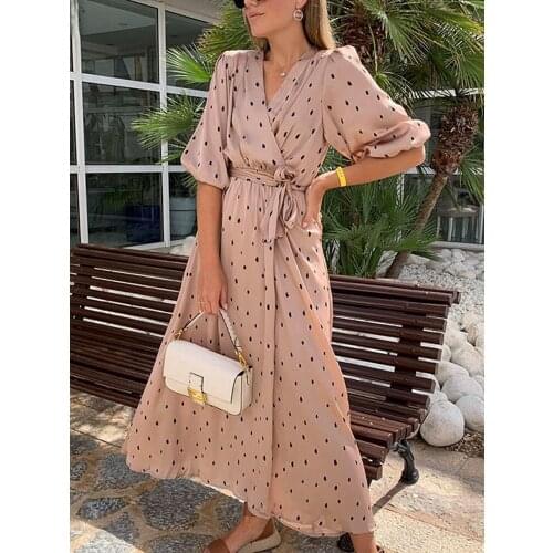 2021 Autumn Wave Point Print High Waist Long Belt Womens Middle Sleeve V Collars Homecoming Party Dresses Sexy Frock for Girls