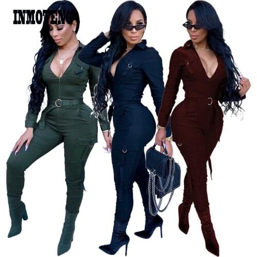 Casual Pockets Skinny Jumpsuits with Sashes Solid Green/Wine/Blue Long Sleeve Zipper Front V Neck Elegant Rompers Overalls